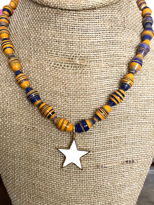 Orange and Blue Paper Beaded Necklace With White Enamel Star Pendant