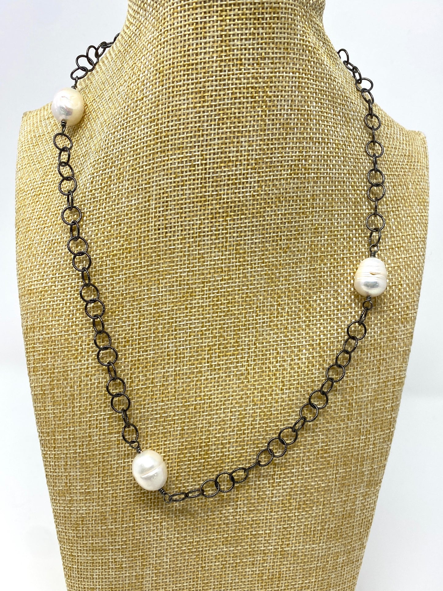 Oxidized Metal Chain Necklace With Three Freshwater Pearls