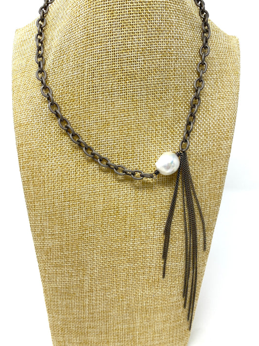 Oxidized Chain Necklace With Jumbo Baroque Freshwater Pearl and Chain Accent