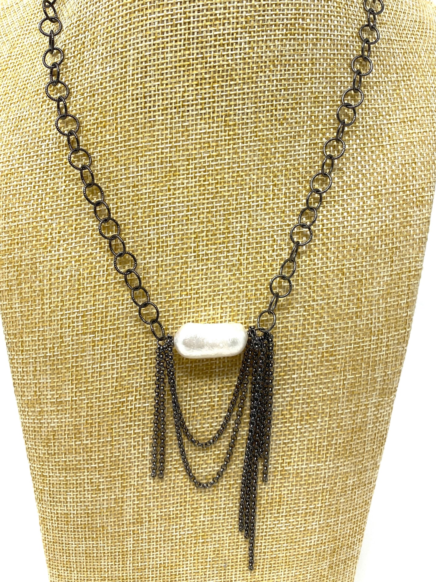 Oxidized Silver Chain Necklace With Freshwater Pearl and Chain Accent