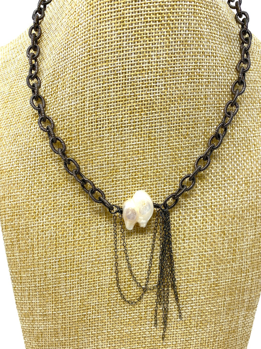 Oxidized Metal Chain Necklace With Jumbo Baroque Pearl and Chain Accent