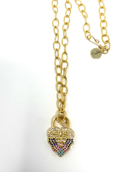 Matte Gold Metal Chain Necklace With Rainbow CZ Heart Locket