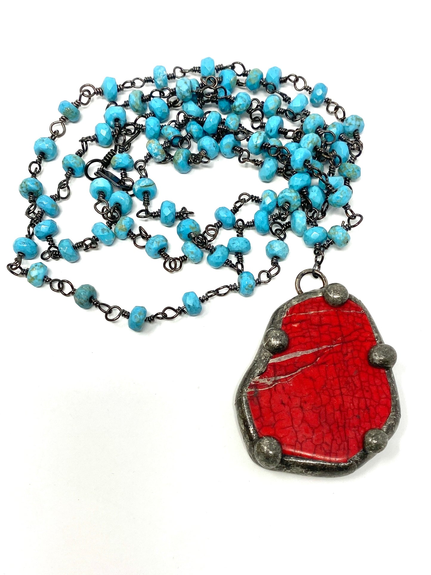 Turquoise Rondelle Rosary Style Chain Necklace With Soldered Red Howlite Pendant