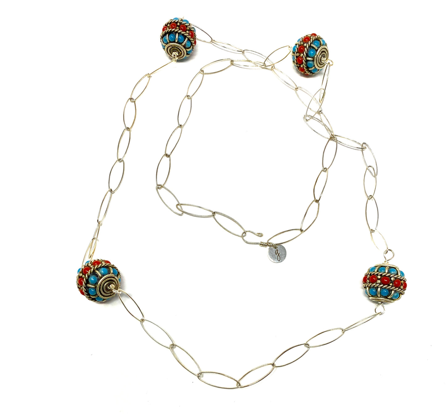 Sterling Silver Oval Link Chain Necklace With Four Turquoise and Coral Beads