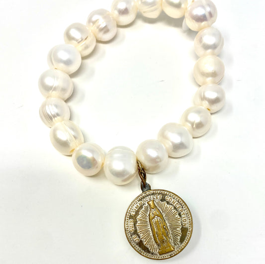 Jumbo Freshwater Pearl Elastic Bracelet With Vintage Lady of Guadalupe Medallion