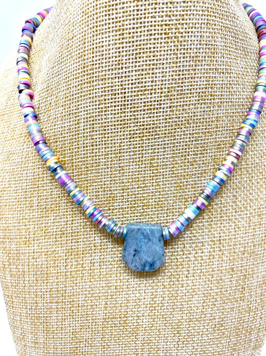 Rubber Disc Necklace With Muted Turquoise Center Stone