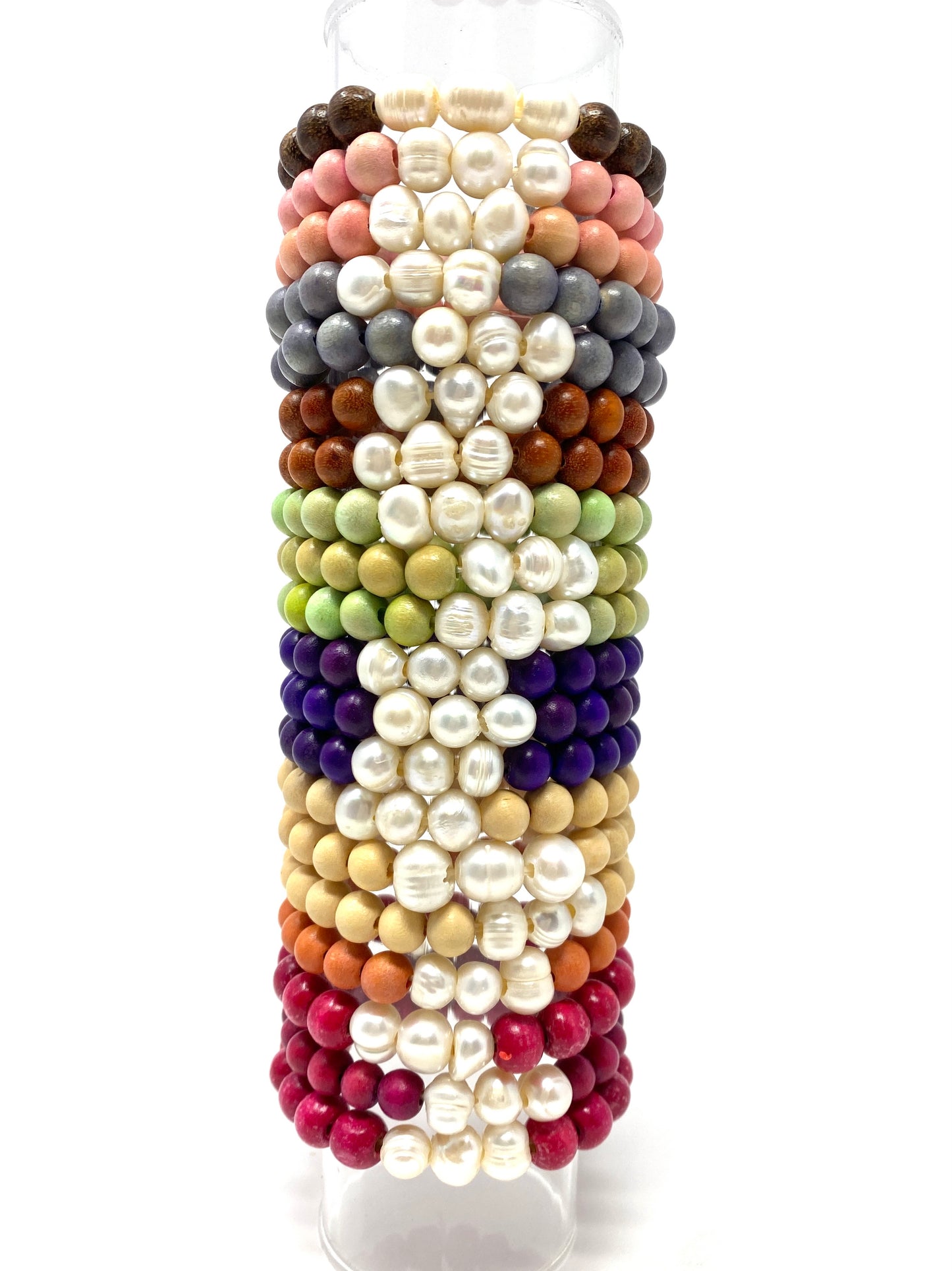 Dyed Wooden Elastic Beaded Bracelet With Three Freshwater Pearls
