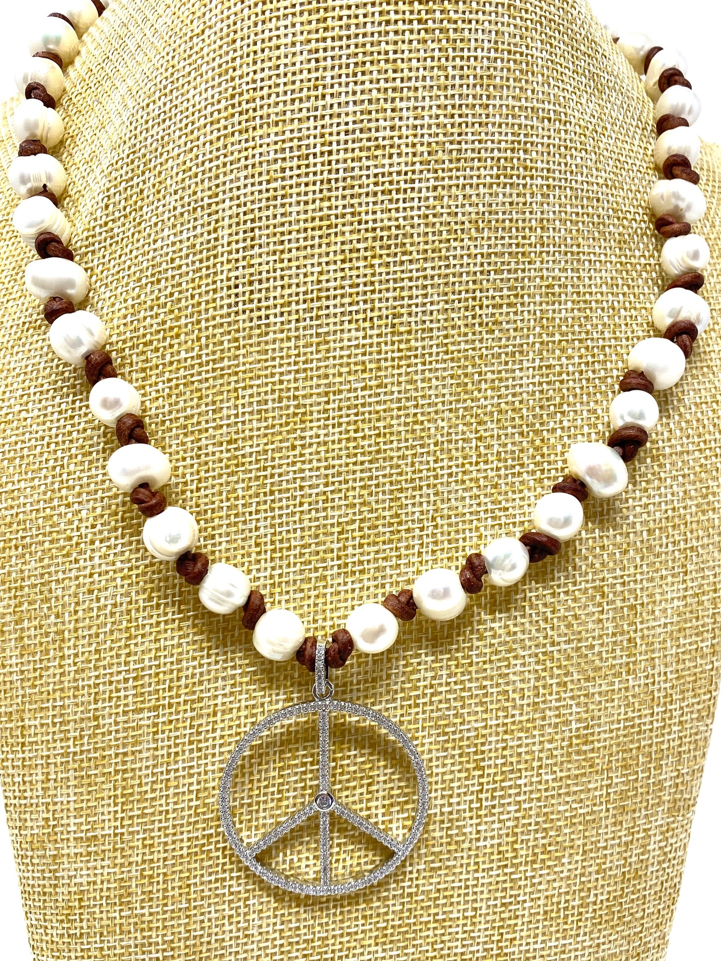 Brown Leather Knotted Freshwater Pearl Necklace With CZ Peace Sign Pendant