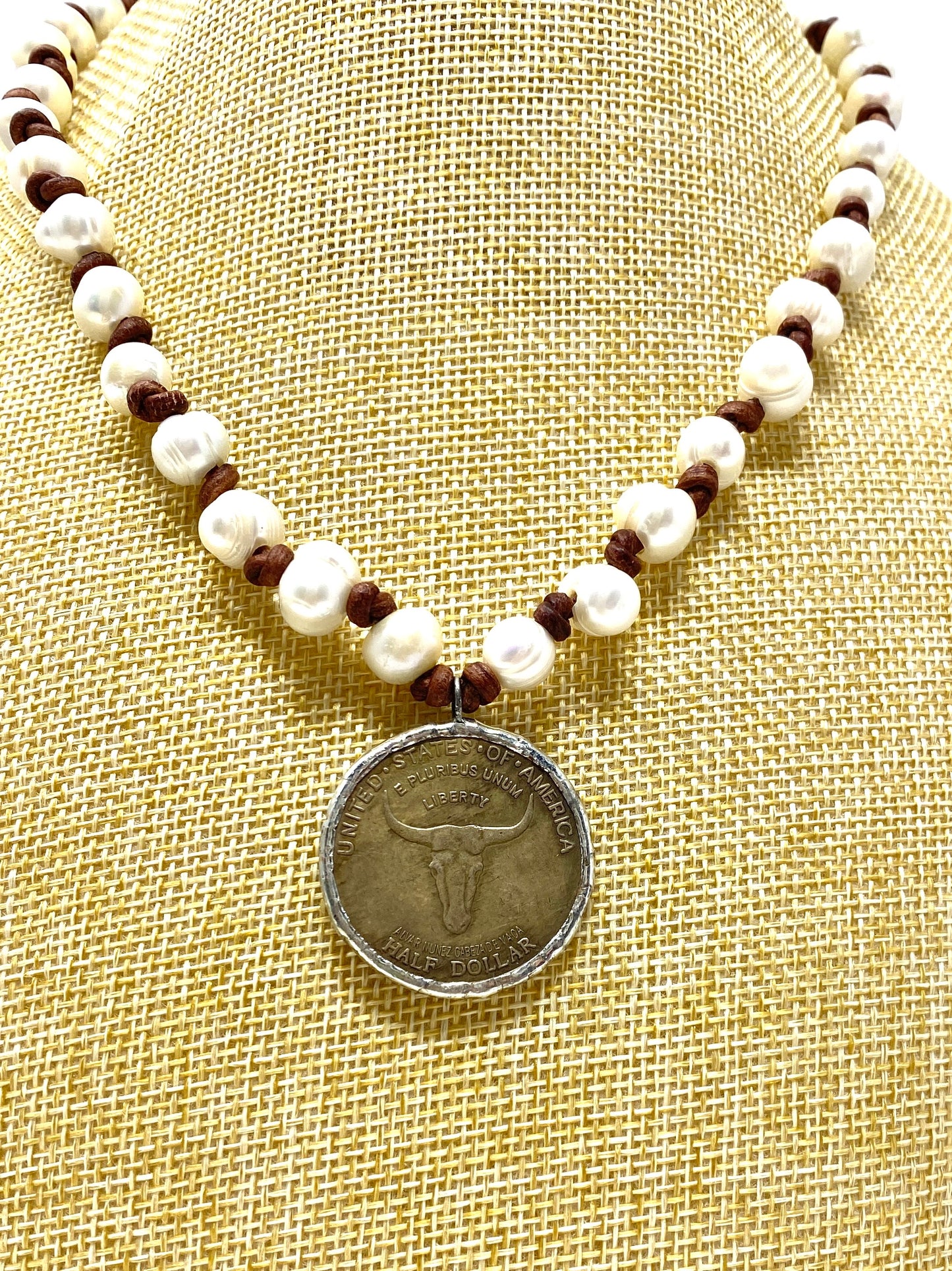 Vintage Longhorn Coin Medallion on Handknotted Leather With Freshwater Pearl Necklace