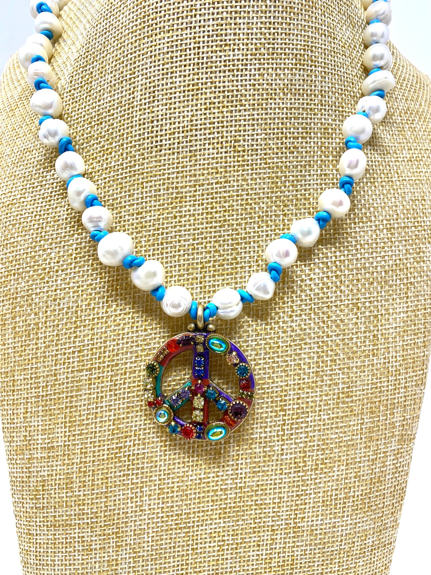 Leather Knotted Freshwater Pearl Necklace With Jeweled Peace Sign Pendant