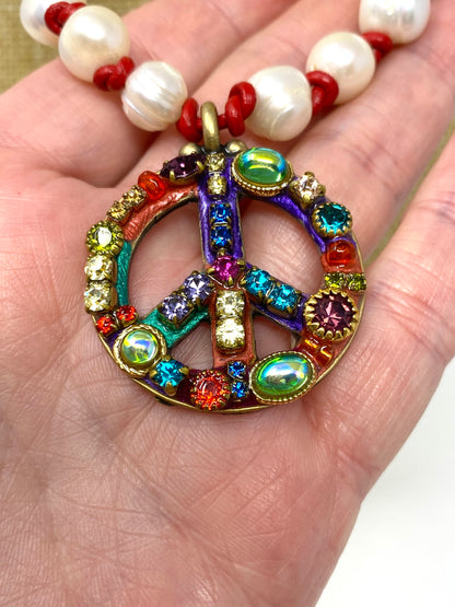Leather Knotted Freshwater Pearl Necklace With Jeweled Peace Sign Pendant