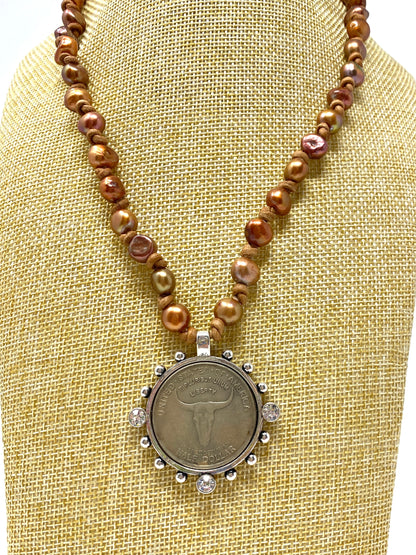 Burnt Orange Freshwater Pearl on Handknotted Leather Necklace With Vintage Jeweled Longhorn Pendant