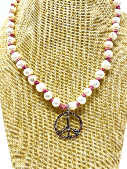 Pink Leather Handknotted Freshwater Pearl Necklace With Silver Peace Sign Pendant