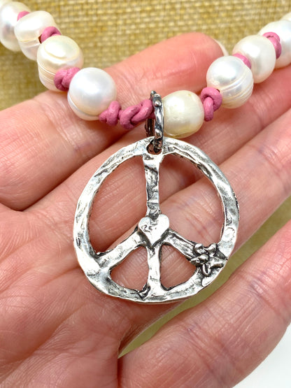 Pink Leather Handknotted Freshwater Pearl Necklace With Silver Peace Sign Pendant