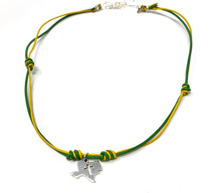 Green and Yellow Leather Knotted Necklace With Silver Texas/Cross Pendant