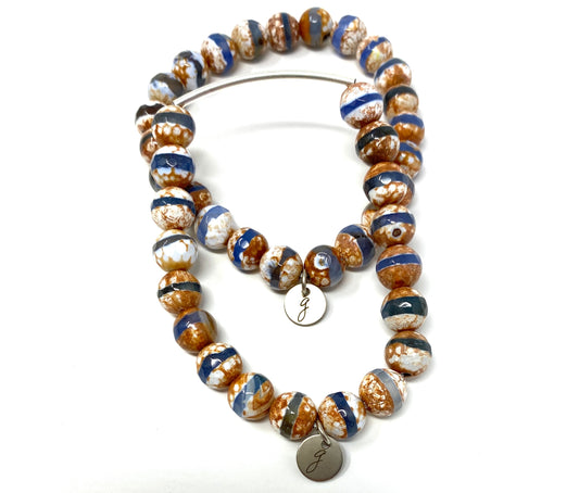 Burnt Orange and Denim Blue Agate Elastic Bracelets