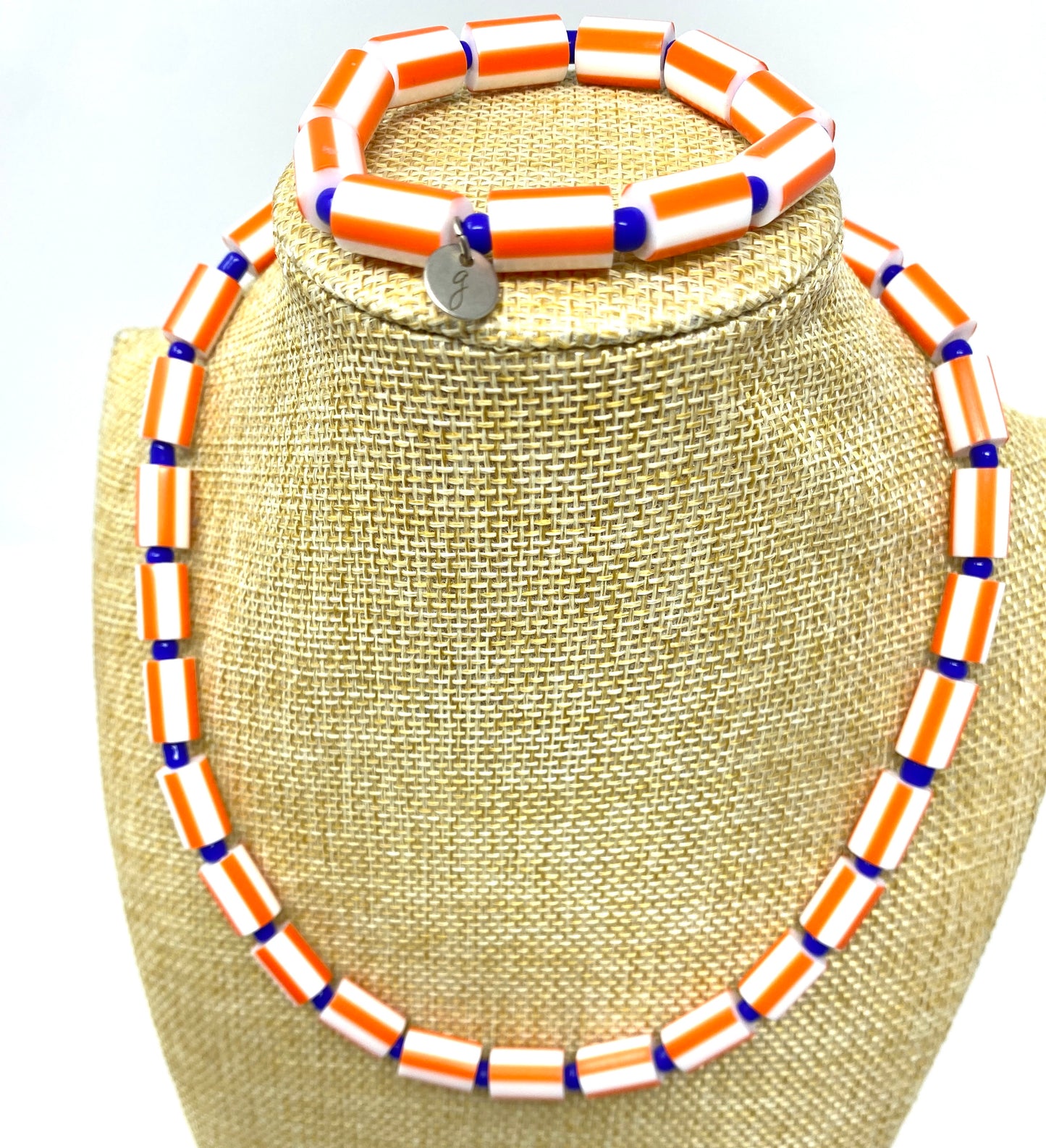 Orange and White Tube With Blue Seed Beaded Elastic Bracelet