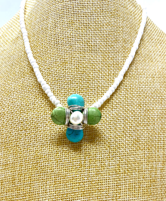 Green and Blue Turquoise Floral Cross Pendant With Freshwater Pearl Center