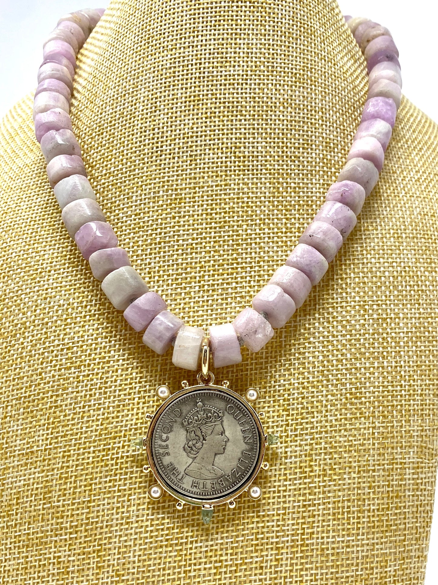 Lavender Kunzite Handknotted Necklace With Jeweled Queen Elizabeth II Vintage Coin Pendant