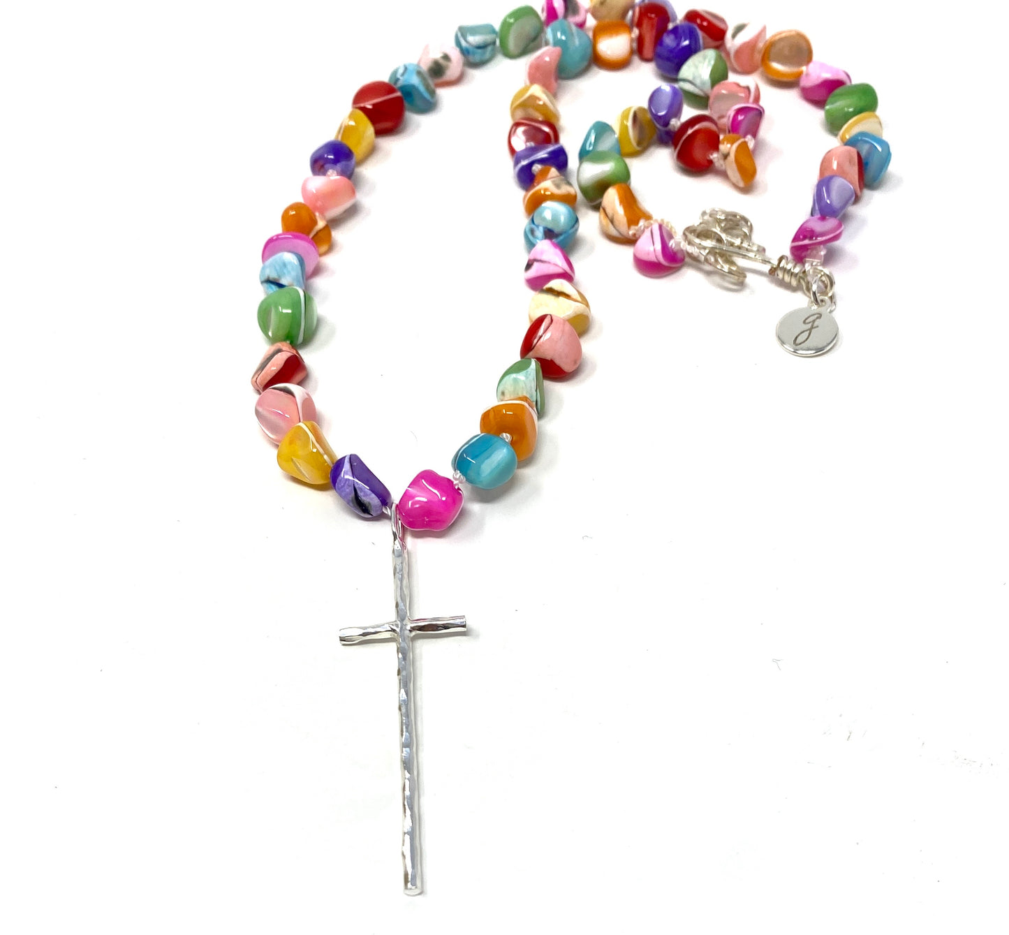 Multicolor Dyed Shell Beaded Necklace With Sterling Silver Cross Pendant