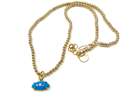 3mm Gold Filled Beaded Necklace With Turquoise and Diamond Pendant