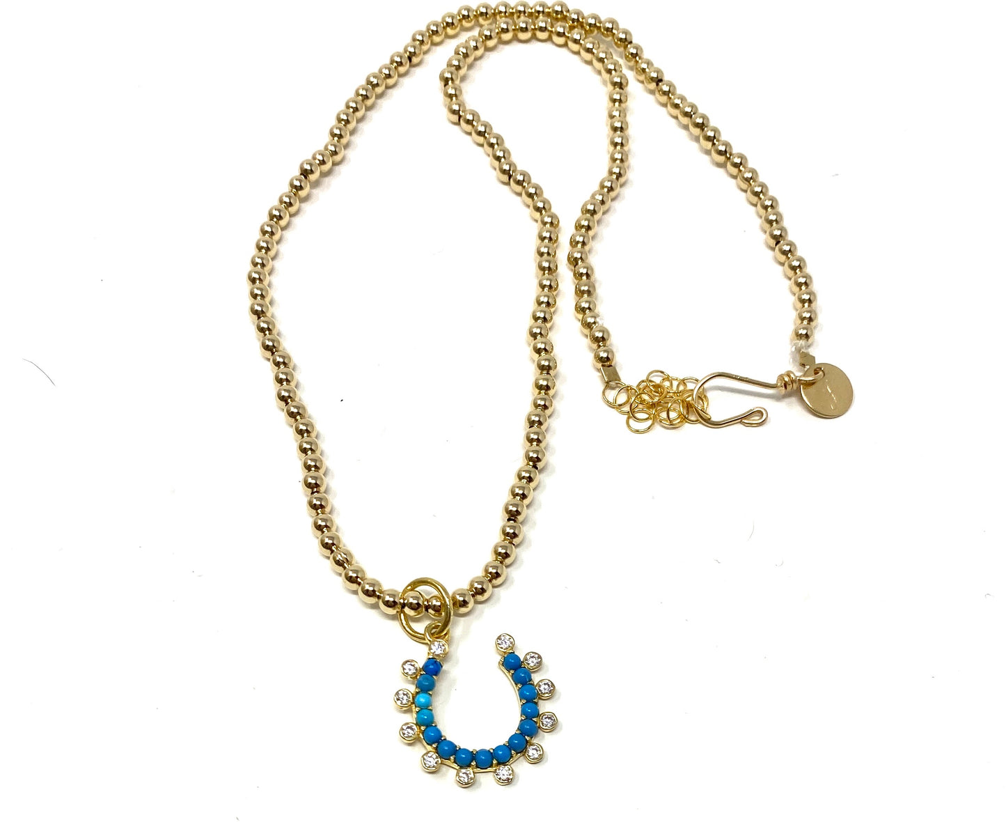 3mm Gold Filled Beaded Necklace With Turquoise and Diamond Horseshoe Pendant