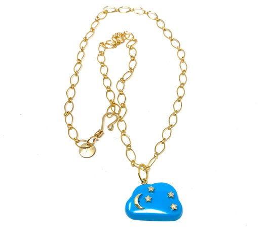 Turquoise Enamel Cloud With Gold Moon and Diamond Stars Pendant on Gold Filled Chain Necklace