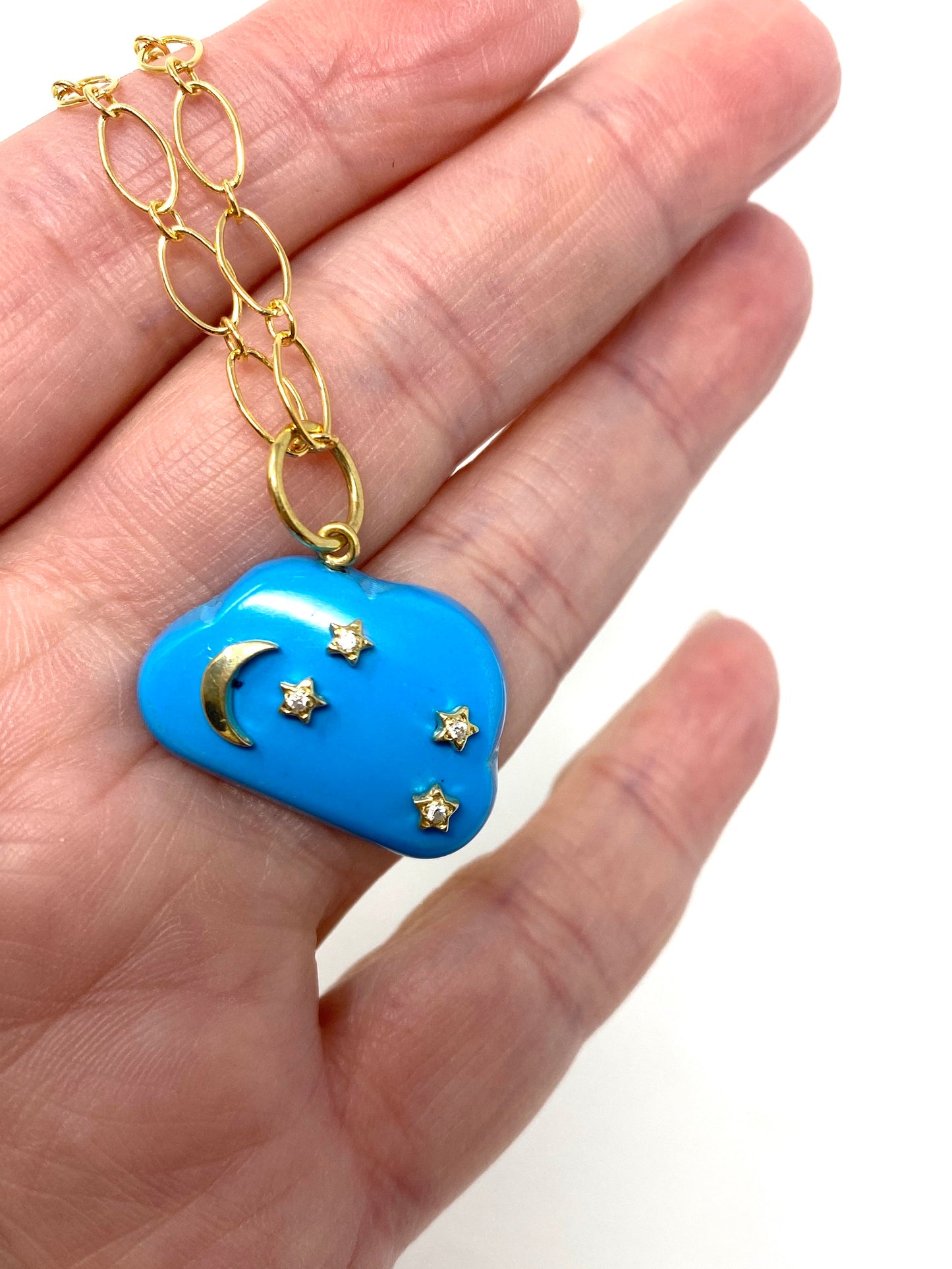 Turquoise Enamel Cloud With Gold Moon and Diamond Stars Pendant on Gold Filled Chain Necklace