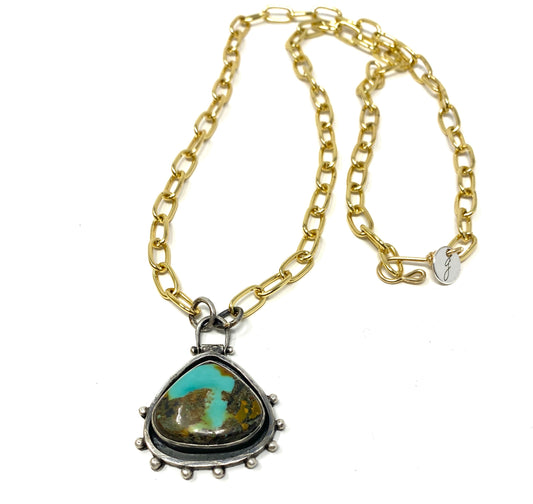 Triangular Turquoise Stone Set in Artisan Oxidized Silver Pendant on Gold Filled Chain Necklace