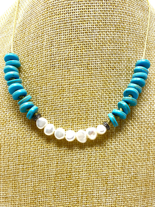 Turquoise Rondelles Handknotted on Cord With Freshwater Pearls and Diamond Spacers