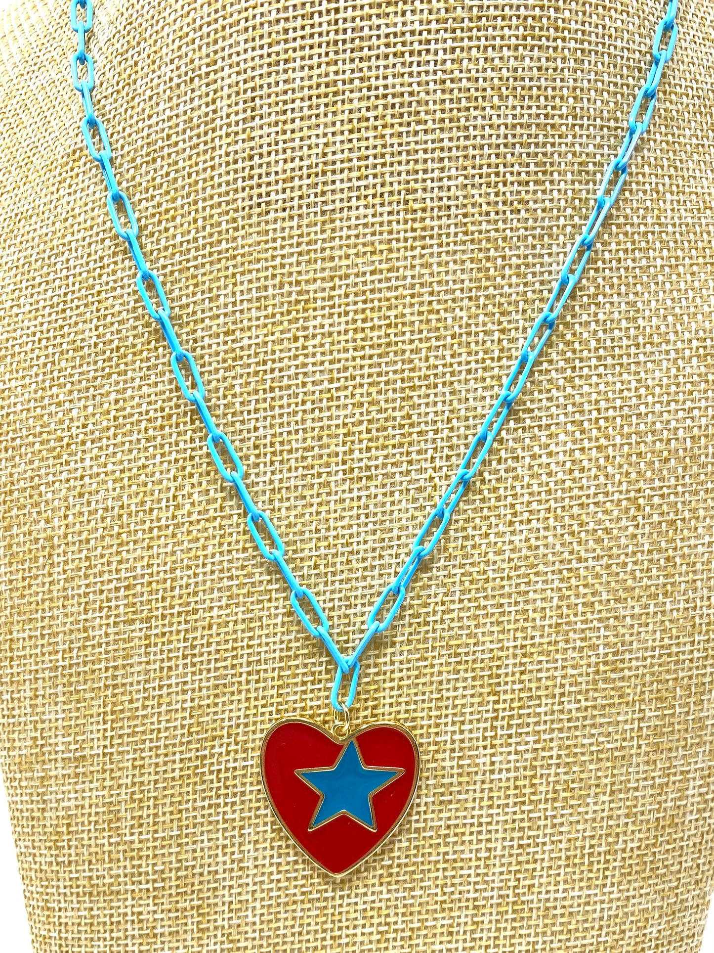 Turquoise Blue Enamel Paperclip Chain Necklace With Red and Turquoise Enamel Heart Pendant