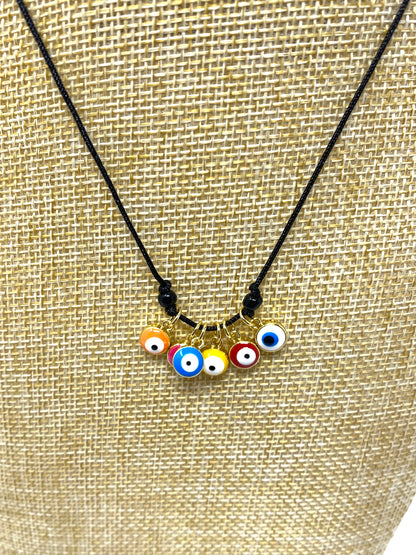 Black Nylon Cord Necklace With Six Enamel Evil Eye Danglie Pendants
