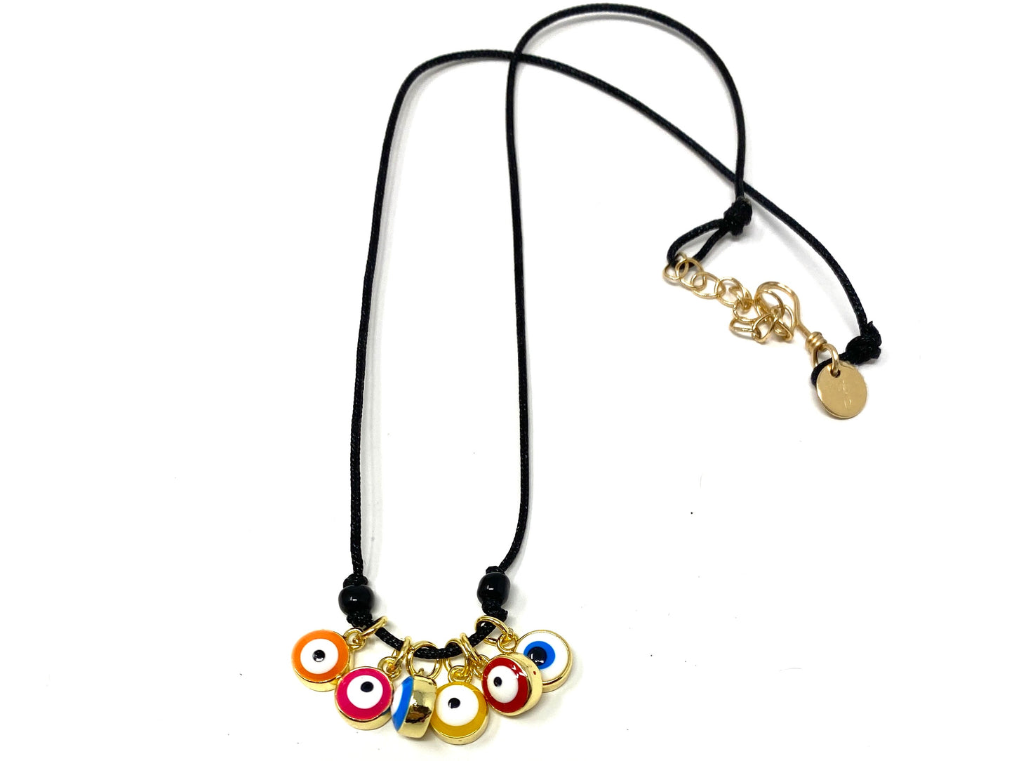 Black Nylon Cord Necklace With Six Enamel Evil Eye Danglie Pendants