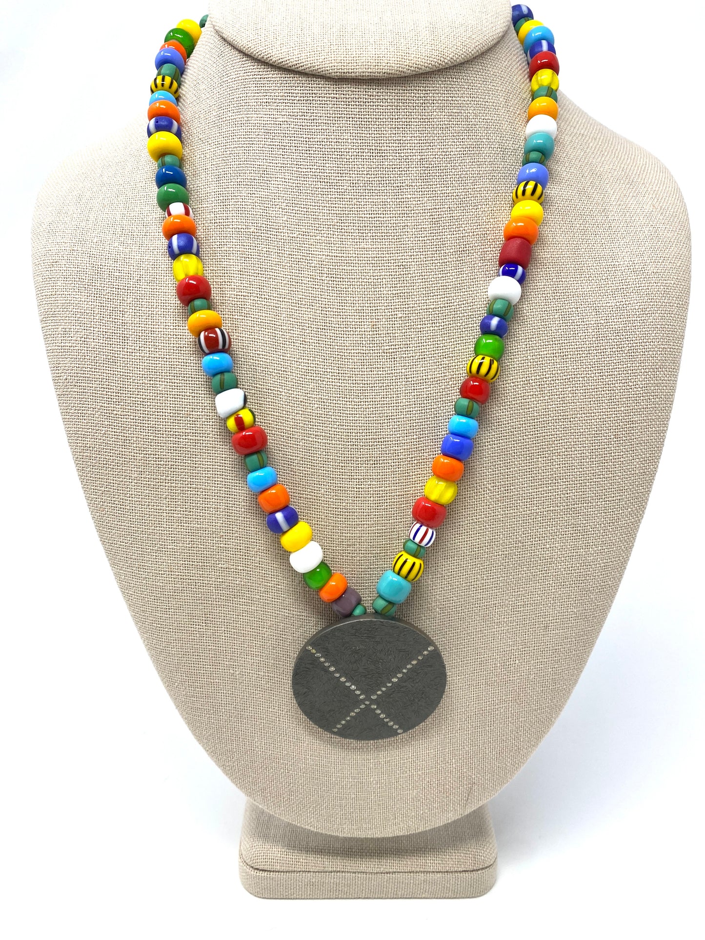African Trading Beaded Necklace With Oxidized Silver Pendant With Diamond Accent