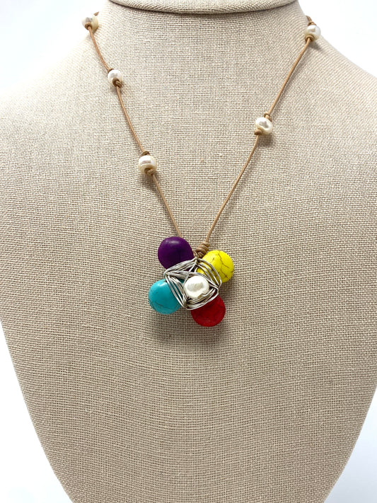 Leather Necklace With Handknotted Pearl and Multicolor Howlite and Pearl Wired Flower Pendant