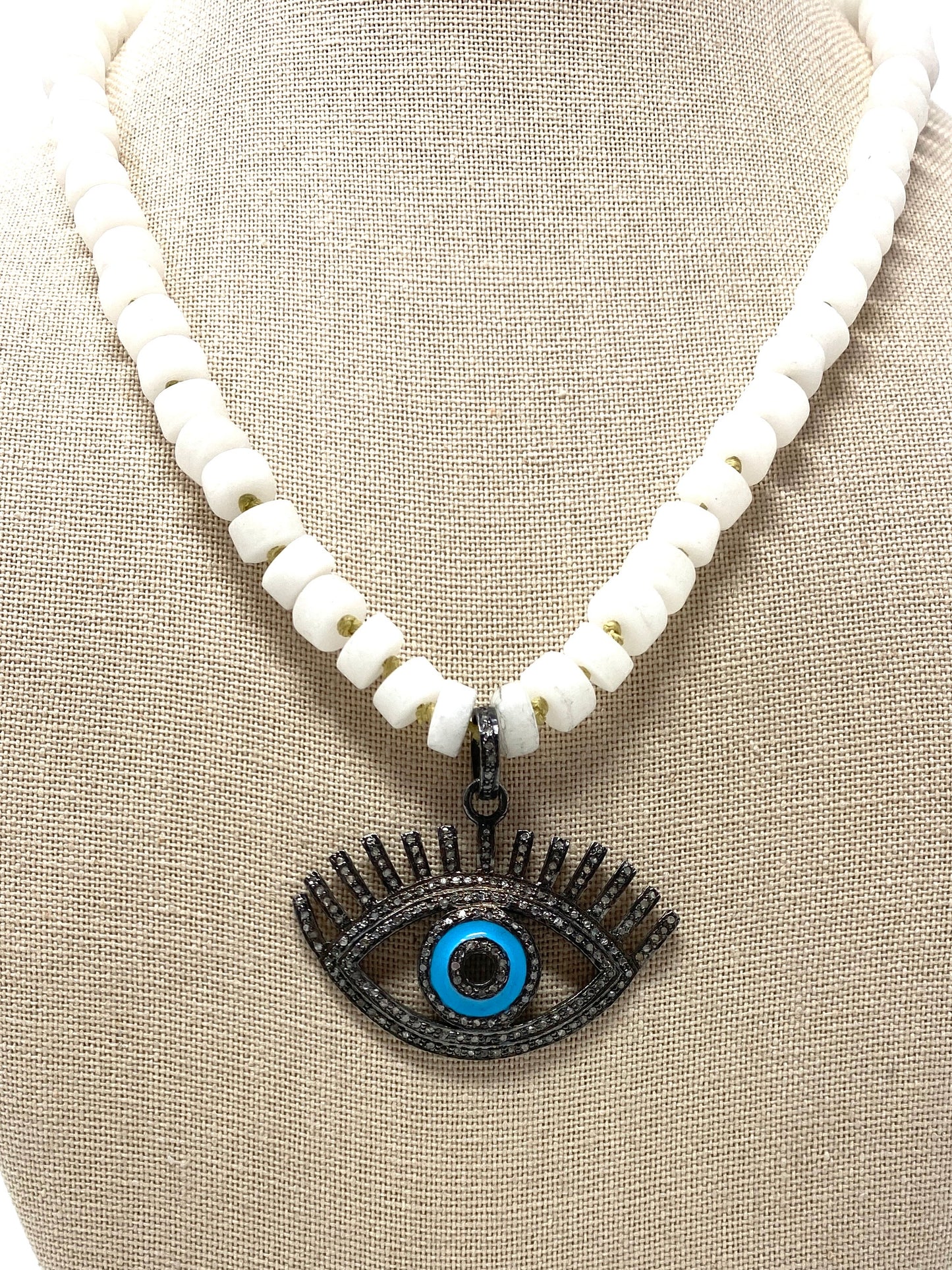 White Quartz Handknotted Necklace With Diamond and Turquoise Evil Eye Pendant
