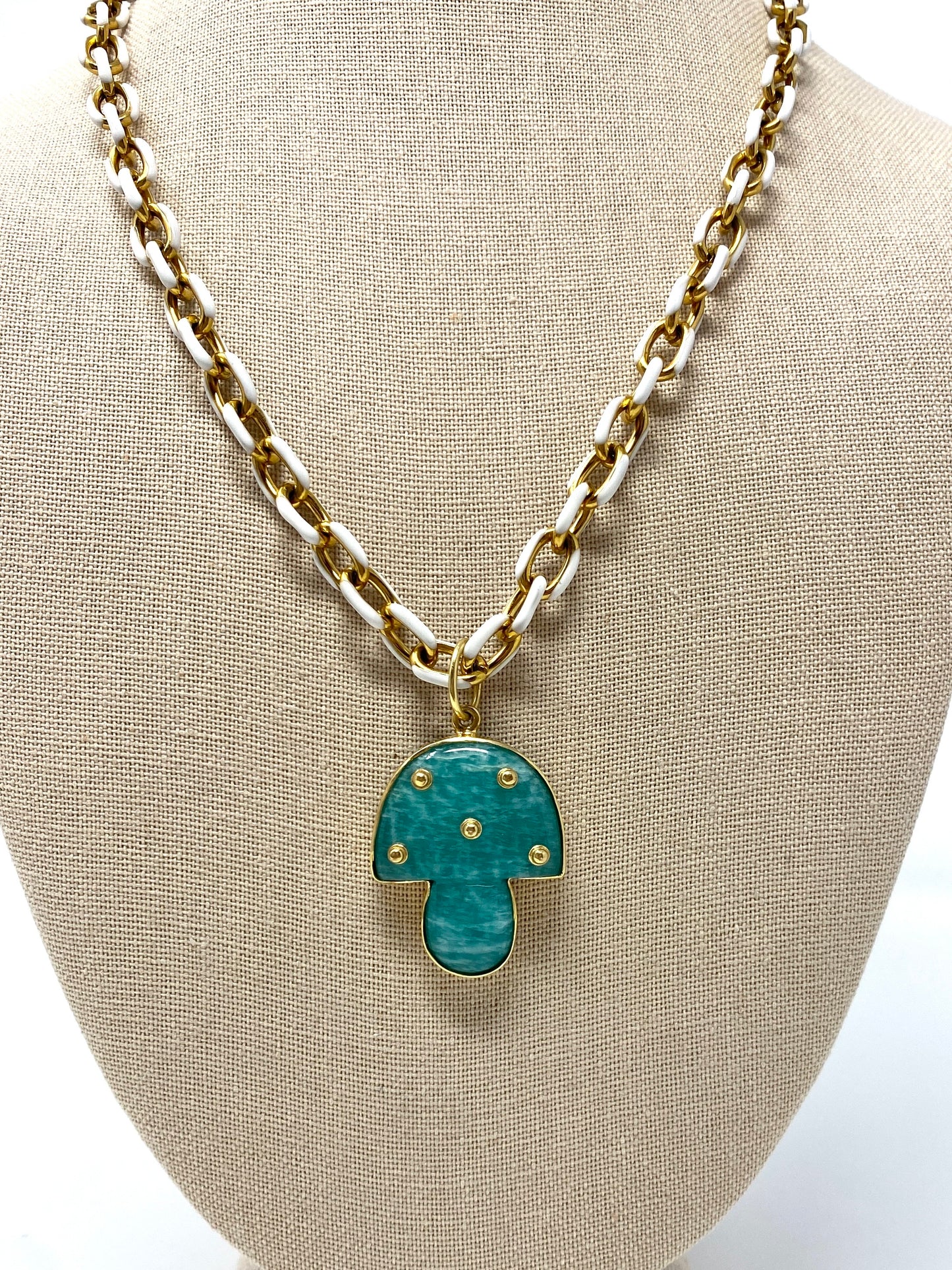 White Enamel and Gold Plated Chain Necklace With Amazonite and Gold Mushroom Pendant