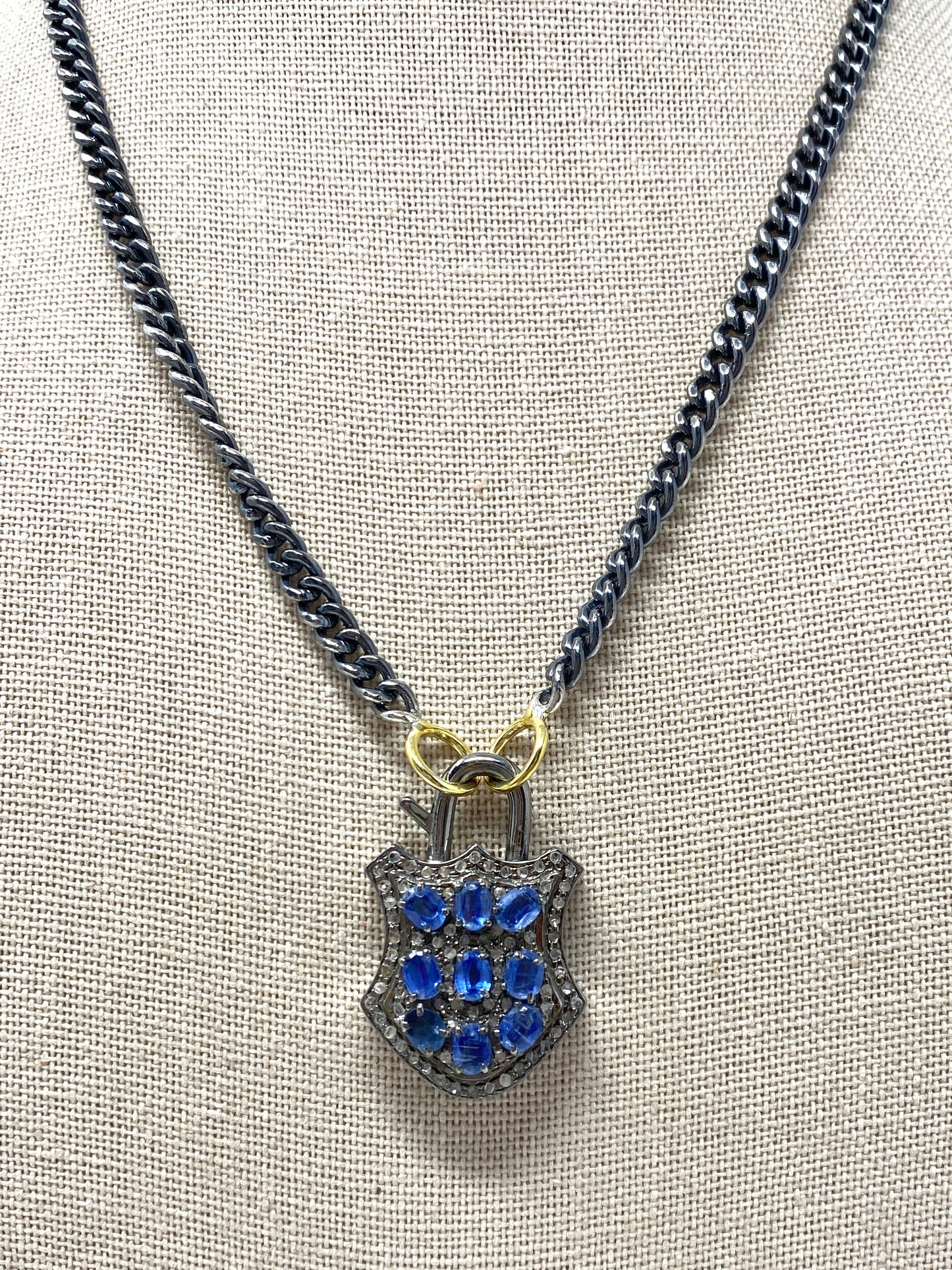 Oxidized Chain With Diamond and Sapphire Padlock Pendant