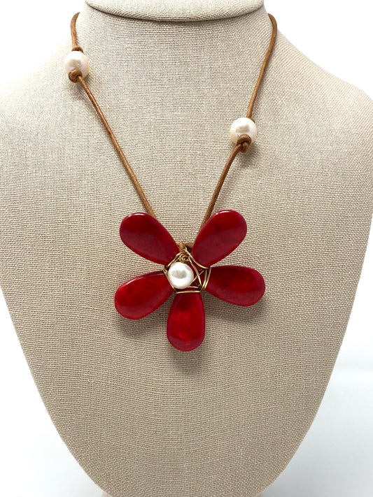 Leather Handknotted with Freshwater Pearls and Red Howlite and Pearl Flower Pendant