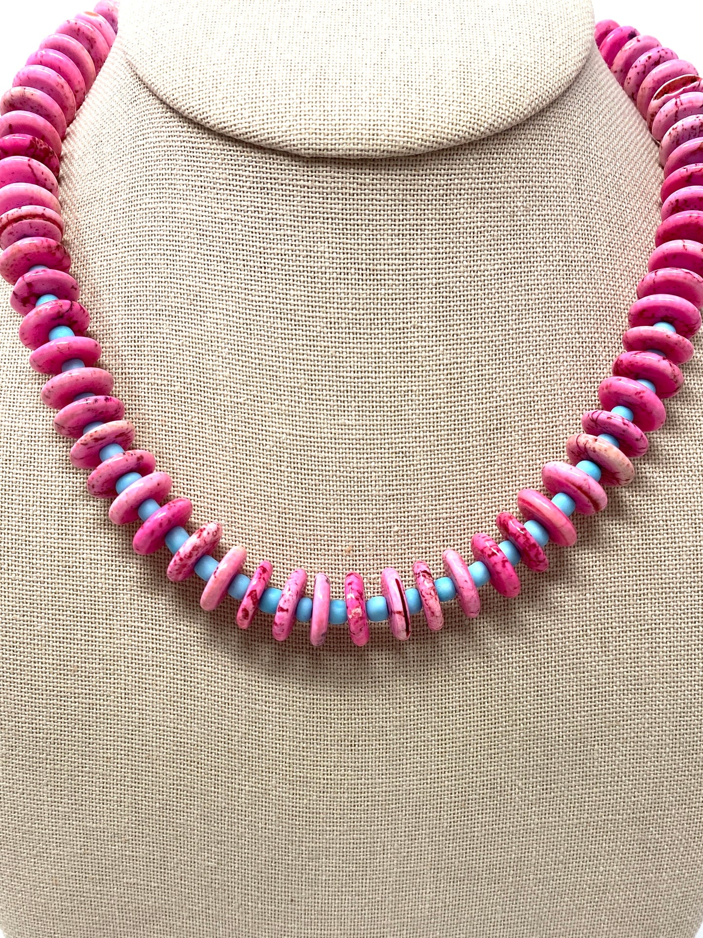 Hot Pink Howlite Disc Necklace With Turquoise Seed Bead Spacers