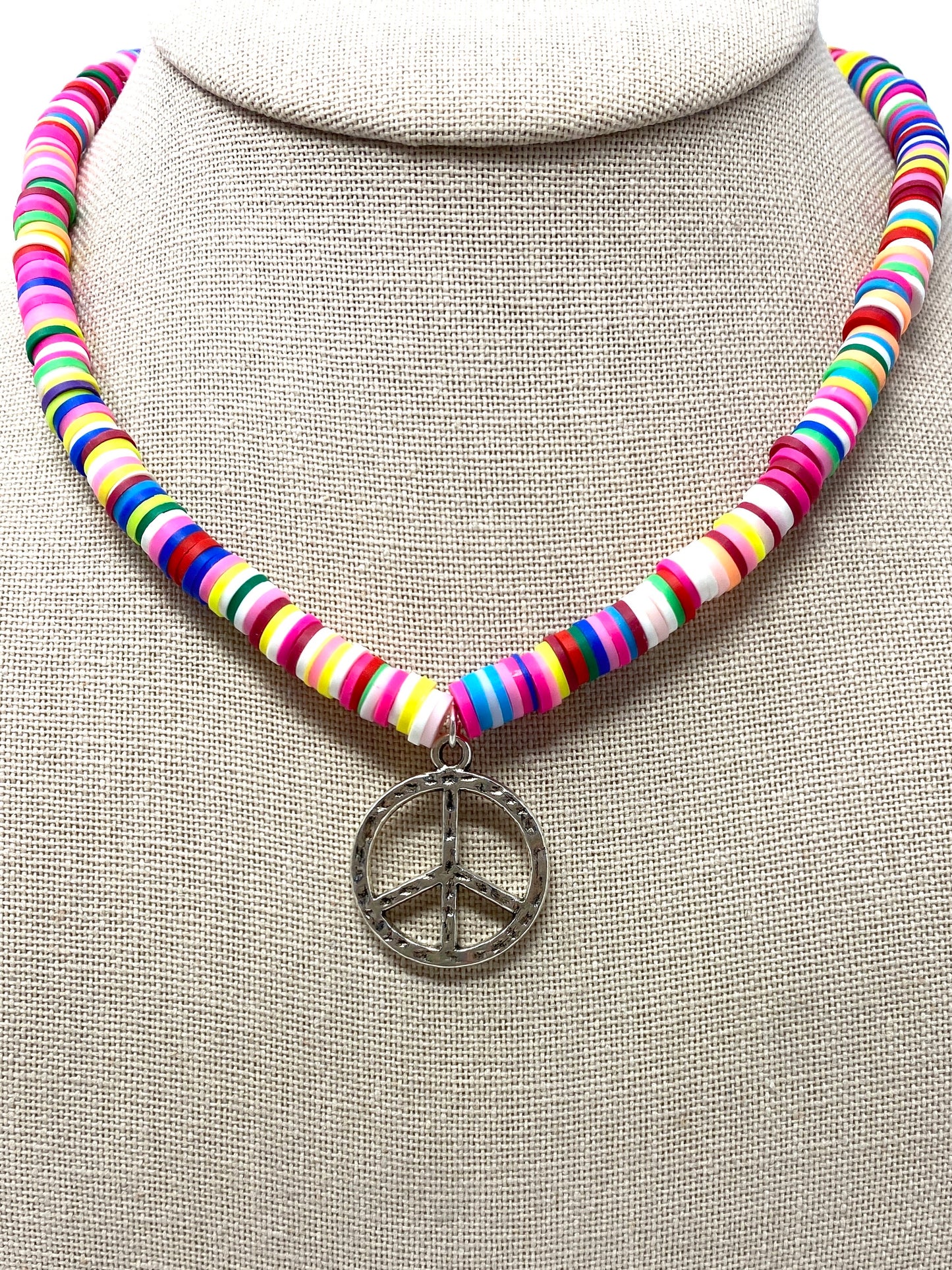 Bright Multicolor Rubber Disc Necklace With Sterling Silver Peace Sign Pendant
