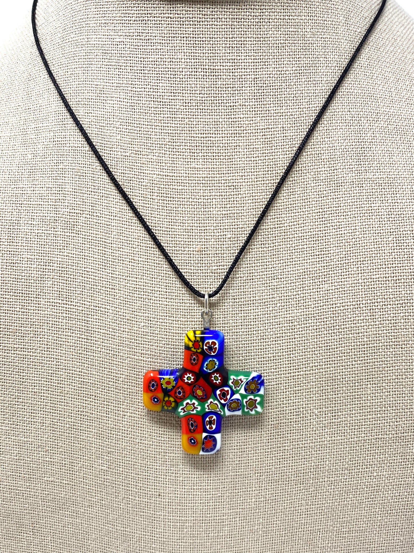 Black Nylon Cord Necklace With Murano Millefiori Cross Pendant