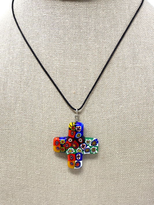 Black Nylon Cord Necklace With Murano Millefiori Cross Pendant