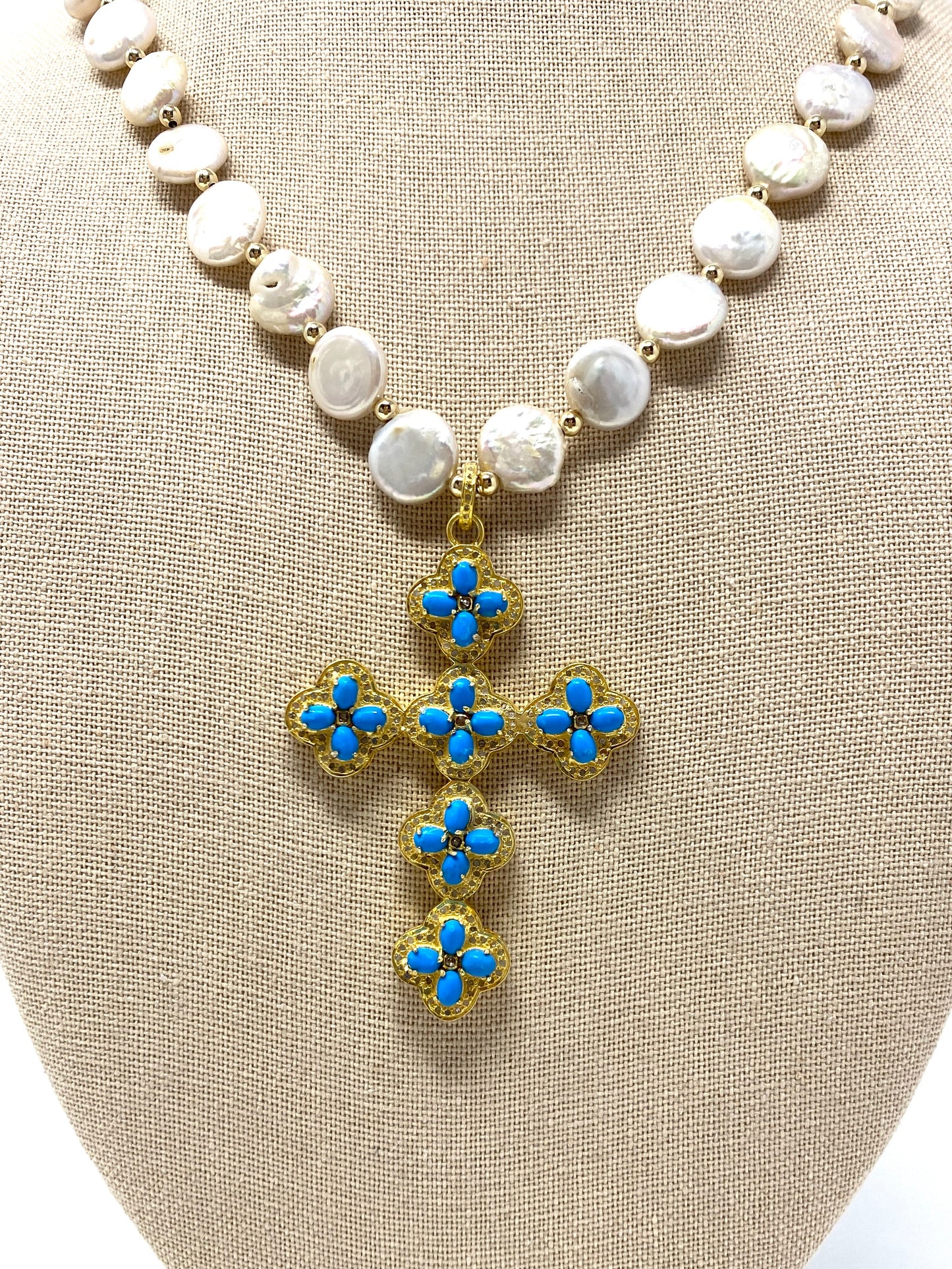 Coin Shaped Freshwater Pearl Necklace With Gold, Diamond and Turquoise Cross Pendant