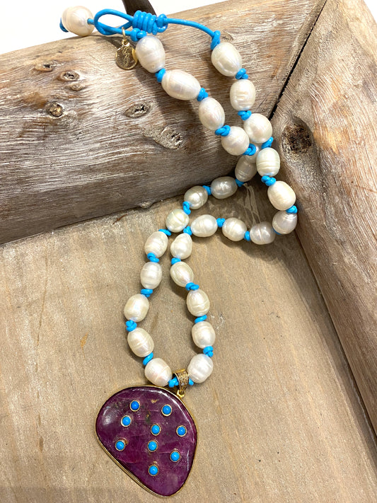 Turquoise Leather Hand Knotted Freshwater Pearl Necklace With Unique Raw Ruby and Turquoise Pendant