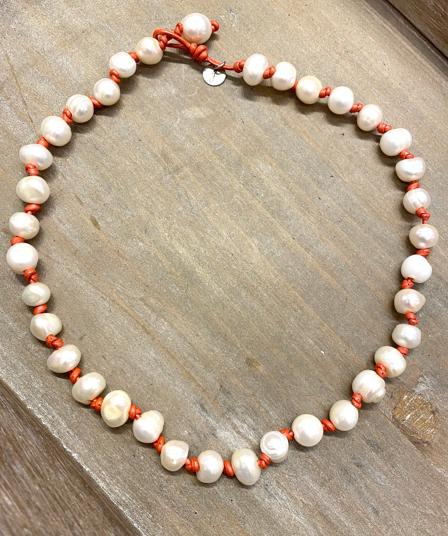 Orange Leather Hand Knotted Freshwater Pearl Necklace