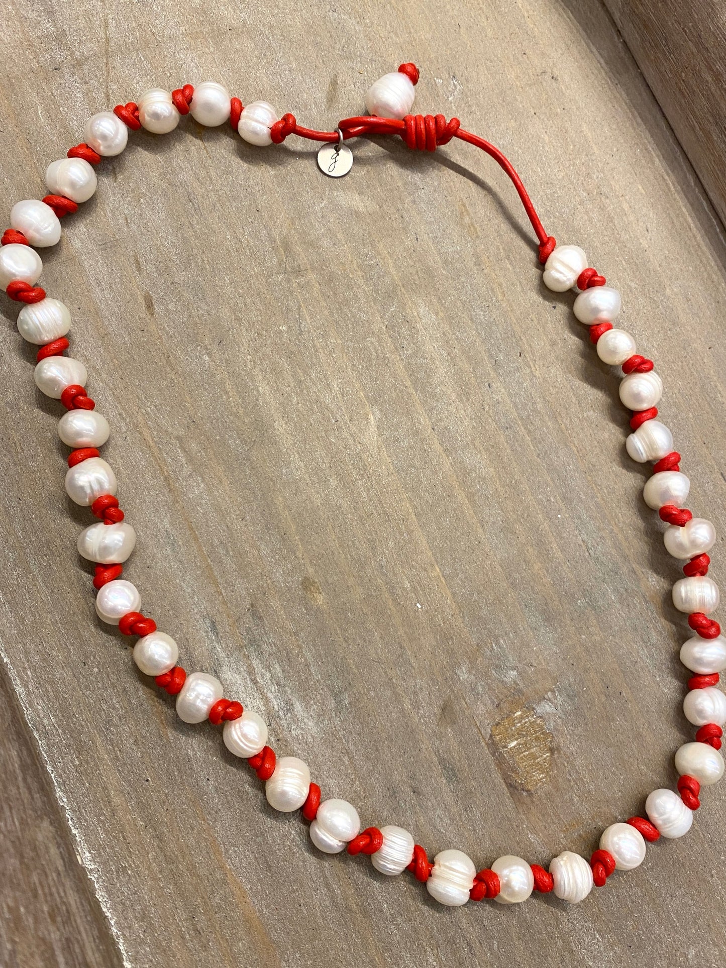 Red Leather Hand Knotted Freshwater Pearl Necklace