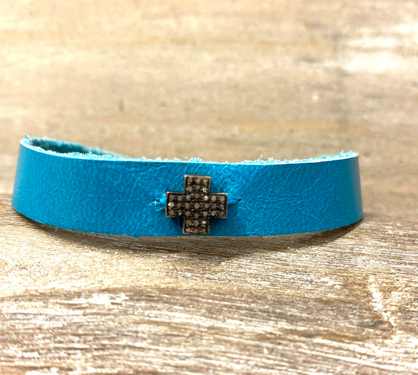 Blue Turquoise Leather Cuff Bracelet With Pave Diamond Cross