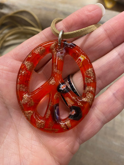 Glass Murano Peace Sign Pendant on Tan Leather Cord Necklace