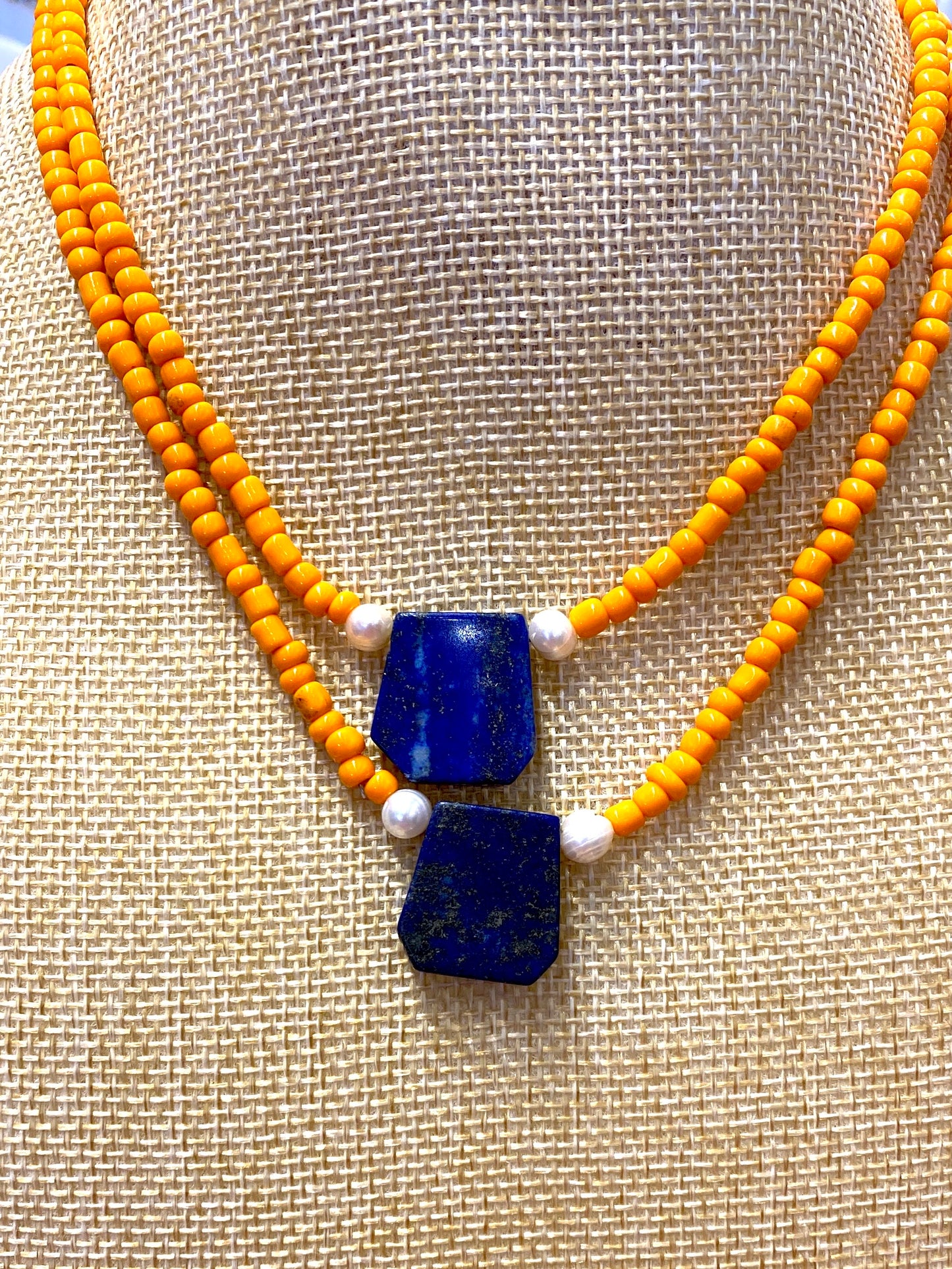 Orange Seed Bead Necklace With Pearl and Blue Lapis Center Stone